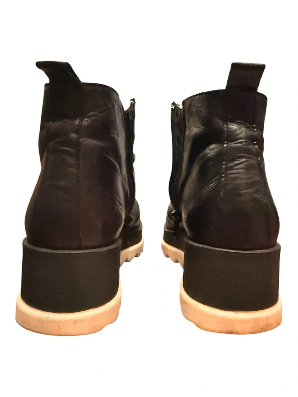 Women's Black Leather Platform Ankle Boots with Cream Lug Sole